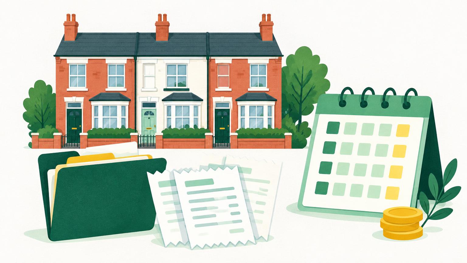 Illustration of rental homes, receipts and a calendar