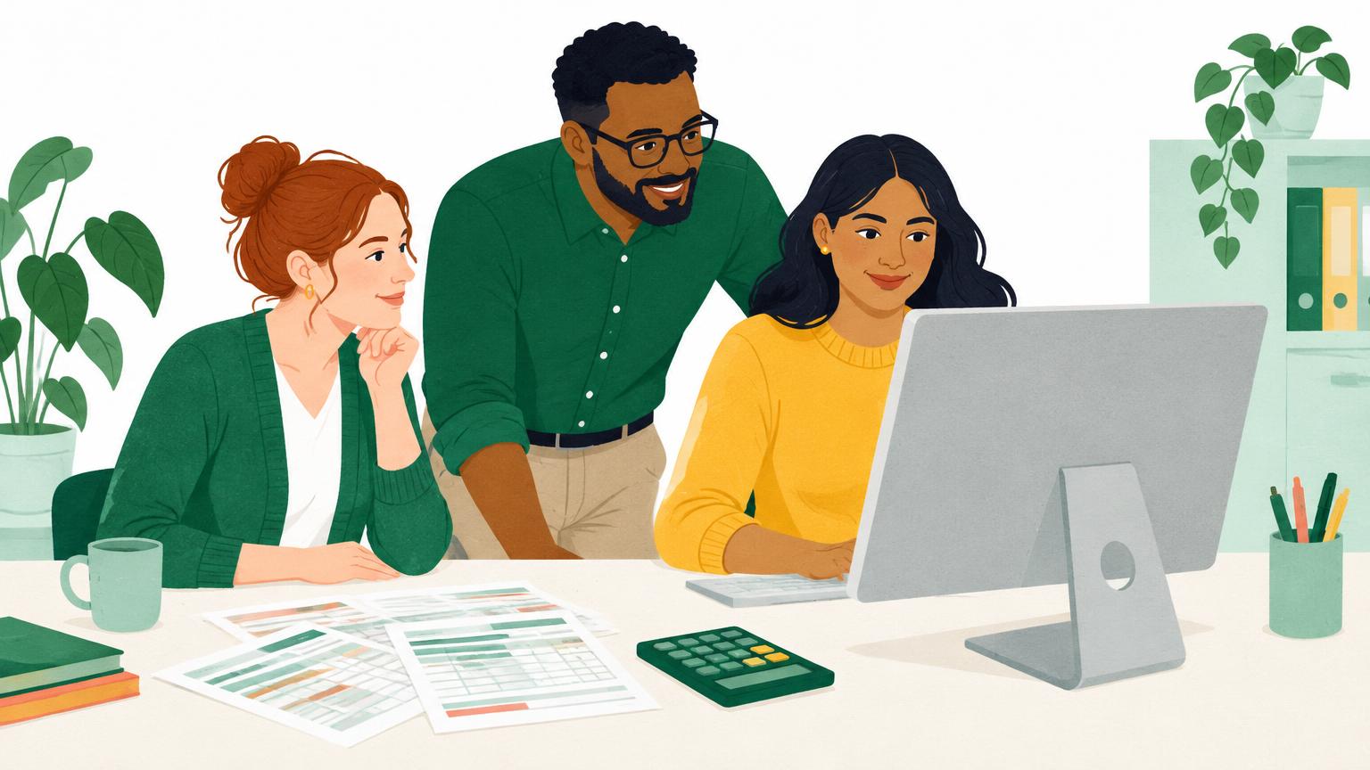 Illustration of a small business team checking payroll